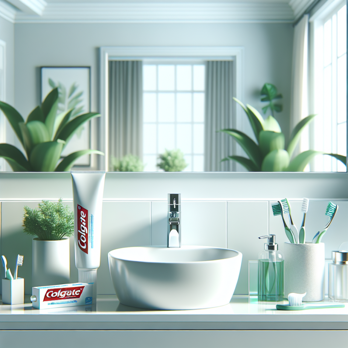 Современная ванная комната с раковиной, зубной пастой Colgate и зелеными растениями.