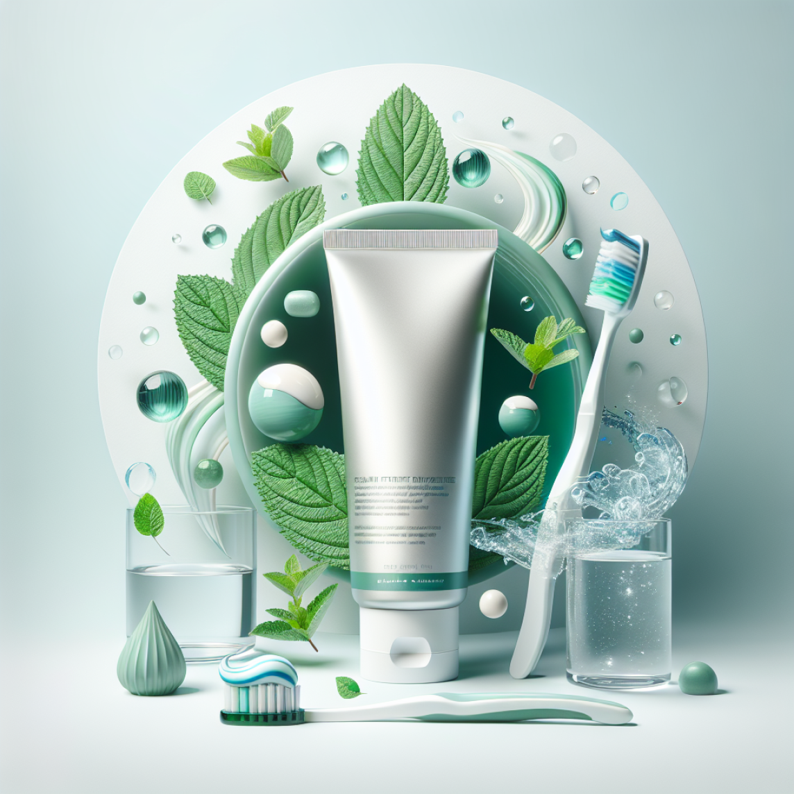 Зубная паста и щетка на фоне ментоловых листьев и капель воды.